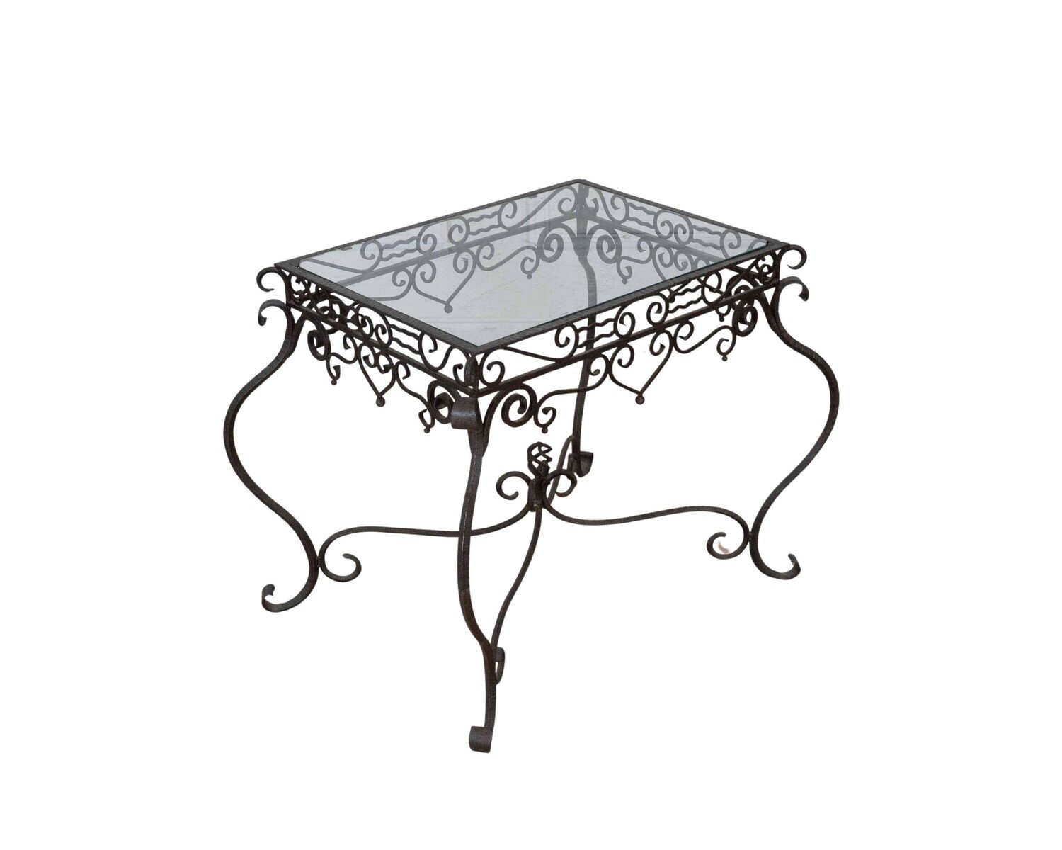 In the style of Edgar Brandt: hammered iron ceremonial table, Art Deco period, circa 1940, glass top. - JAA