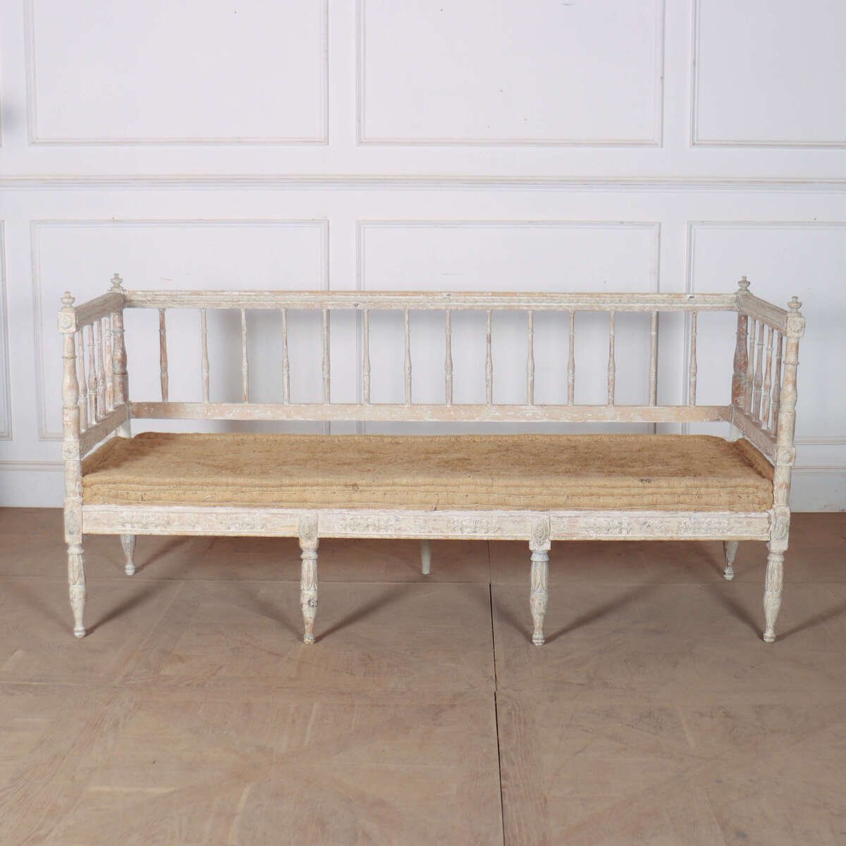 18th century Swedish original painted pine bench in need of upholstery. 1790. - JAA