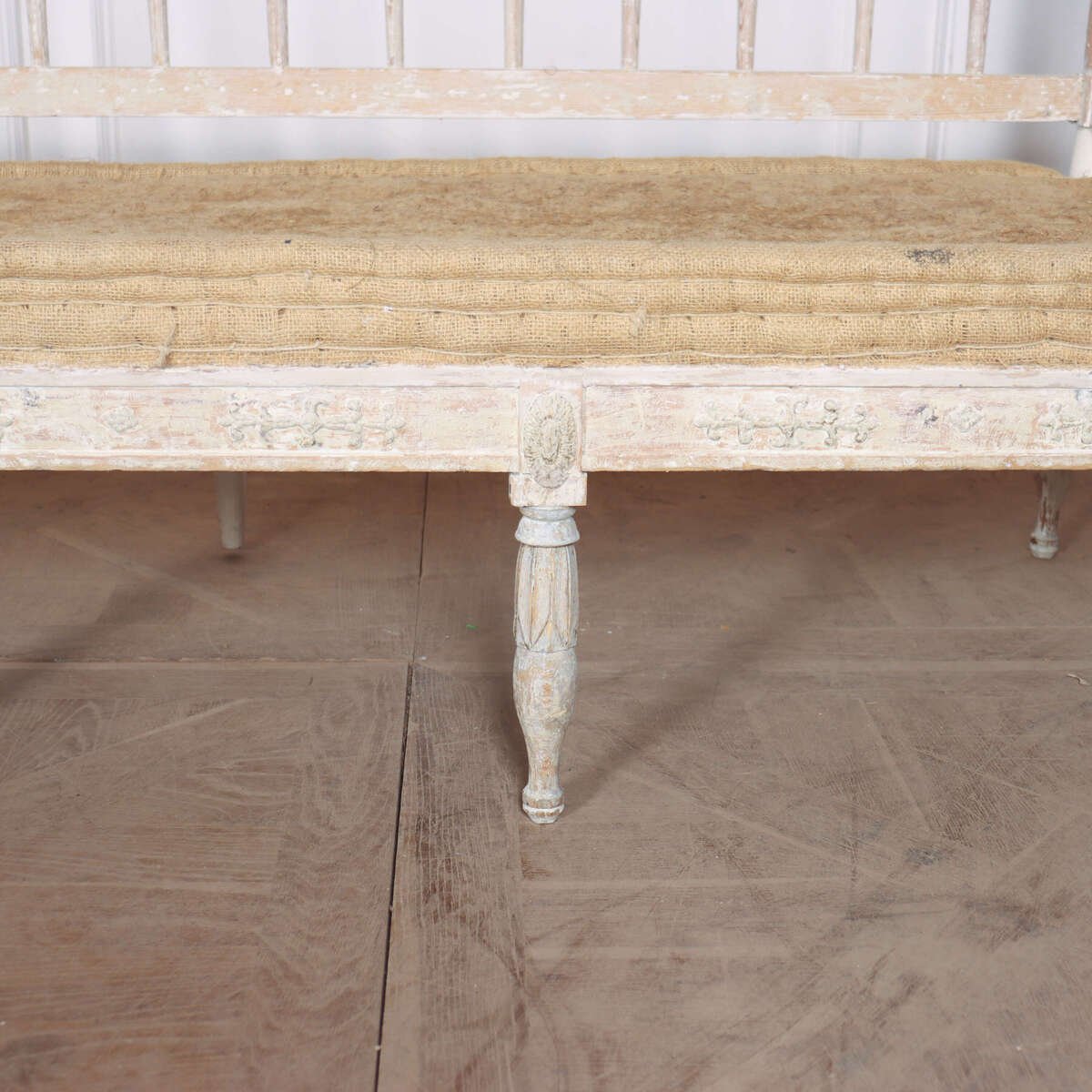 18th century Swedish original painted pine bench in need of upholstery. 1790. - JAA