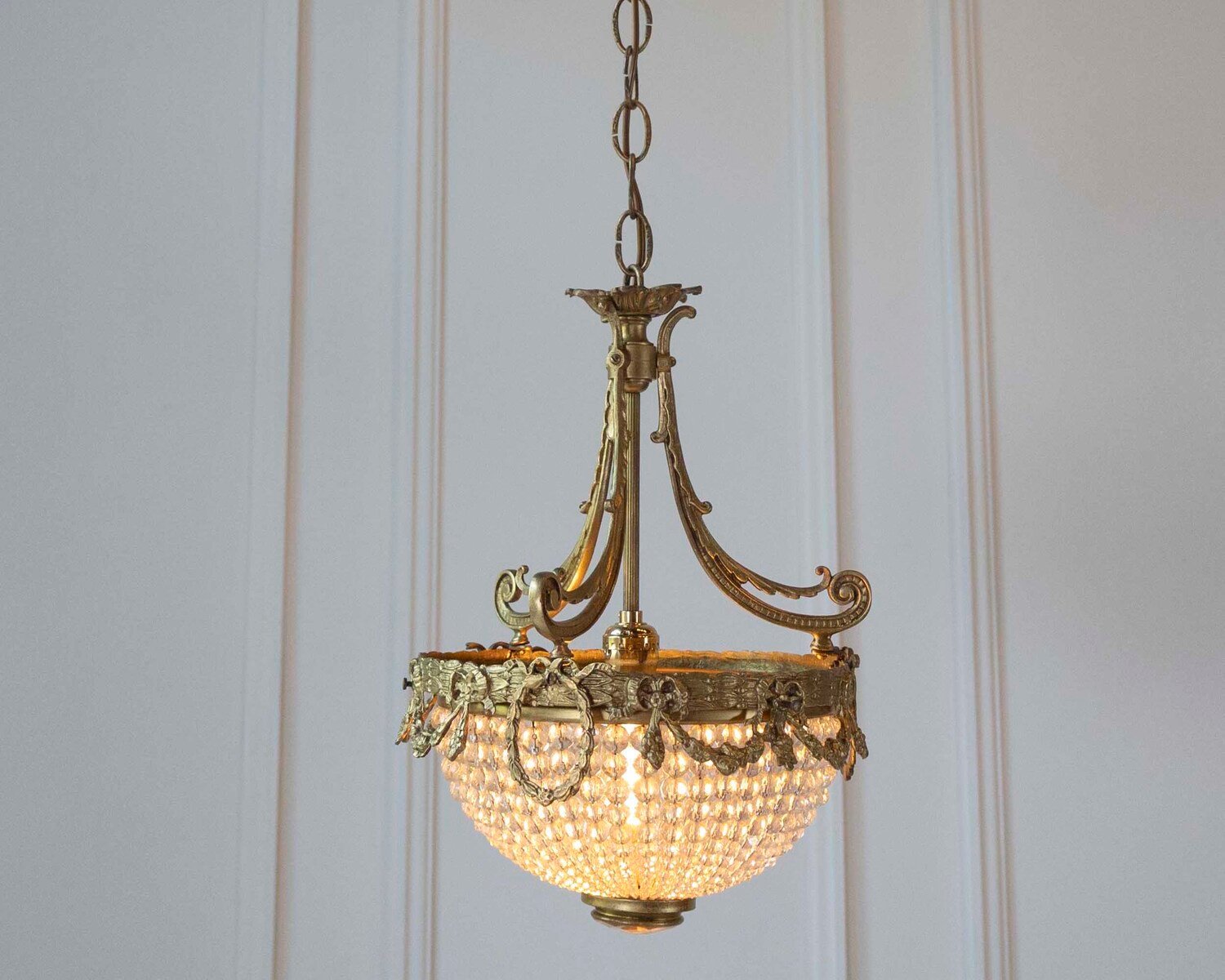 French Bronze Crystal Beaded Basket Chandelier Early 1900s - JAA