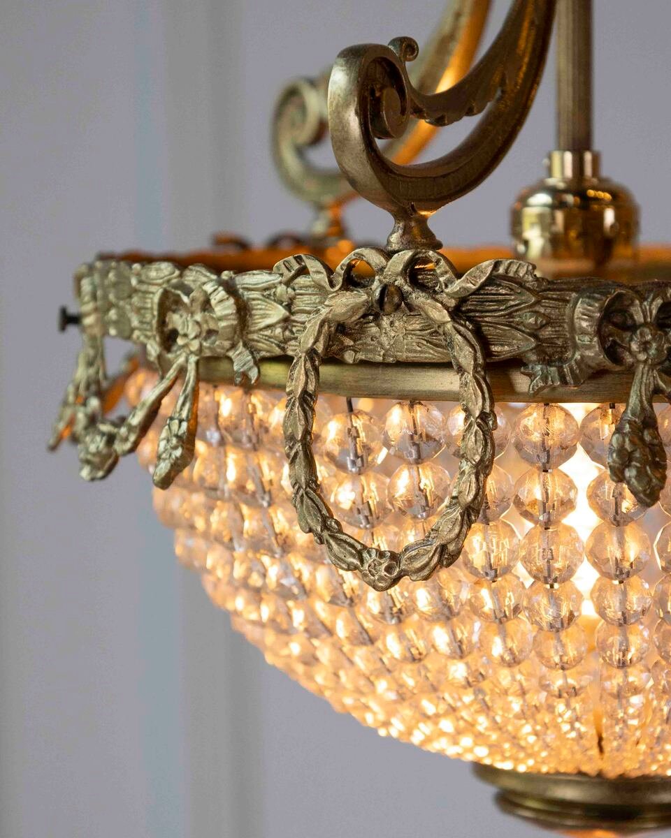 French Bronze Crystal Beaded Basket Chandelier Early 1900s - JAA