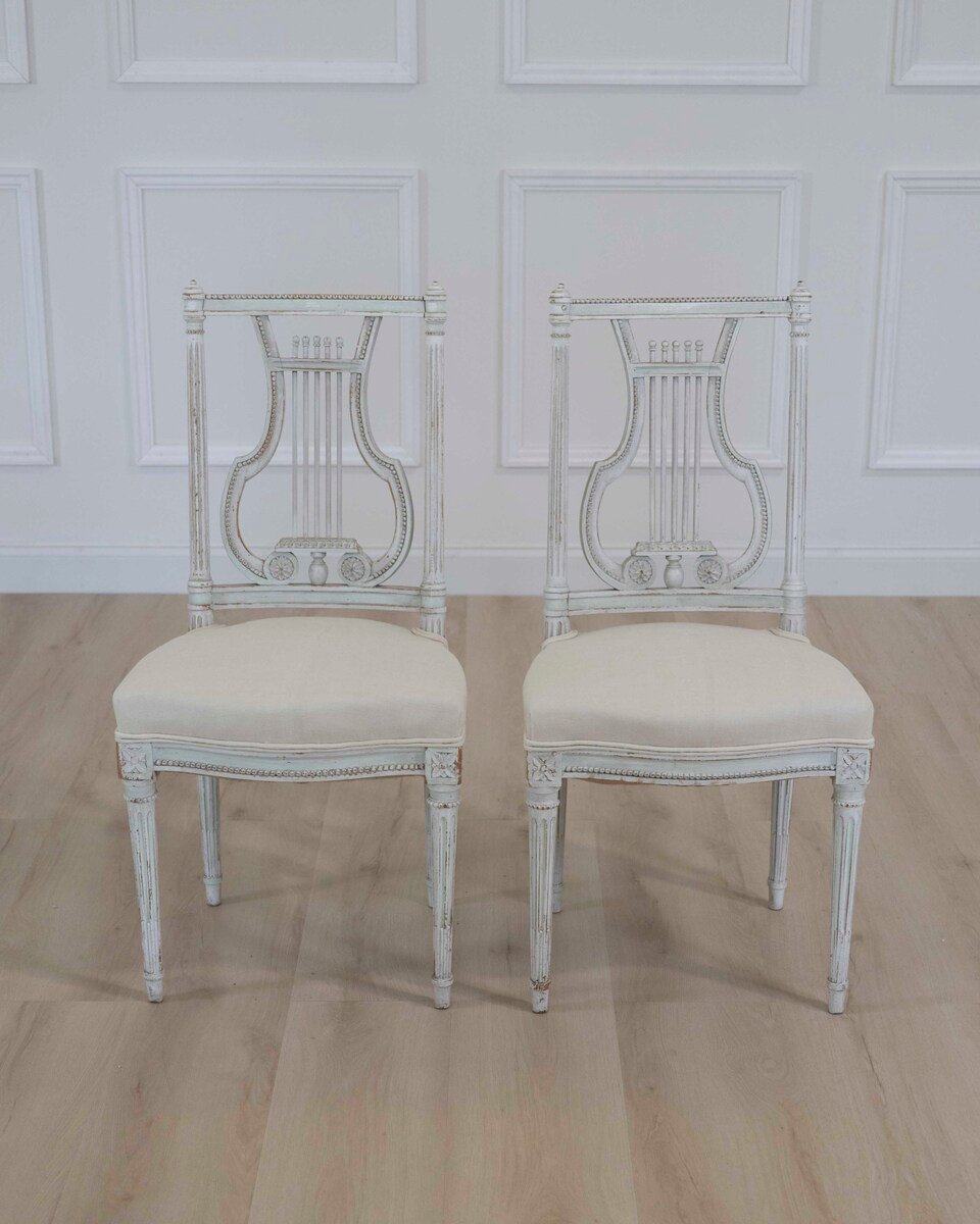 Pair of Antique French Neoclassical Painted Chairs in Antique Linen - JAA