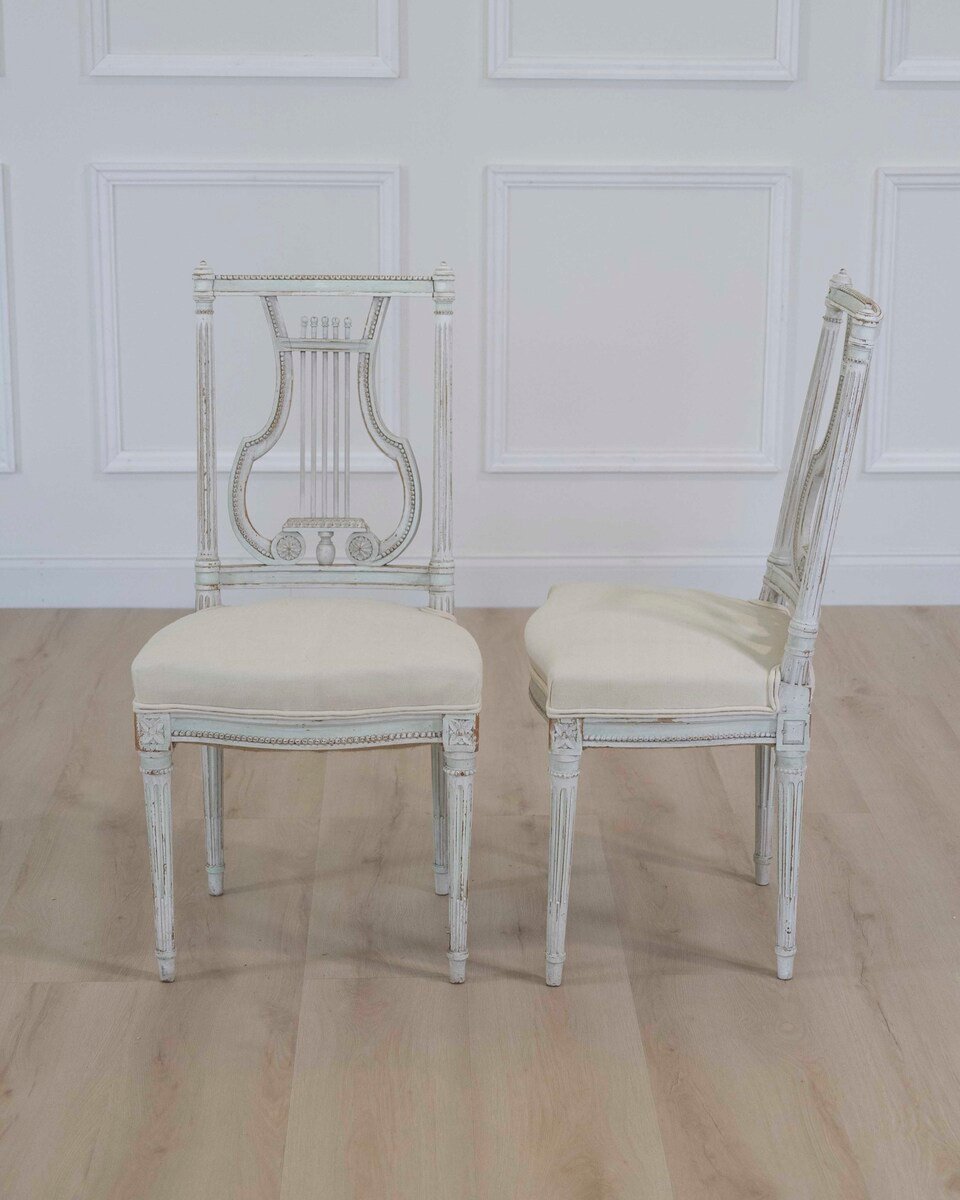 Pair of Antique French Neoclassical Painted Chairs in Antique Linen - JAA