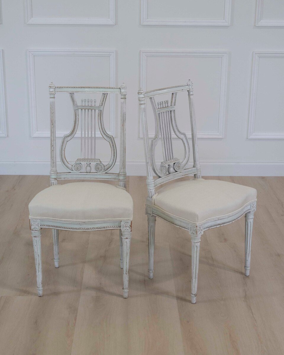 Pair of Antique French Neoclassical Painted Chairs in Antique Linen - JAA