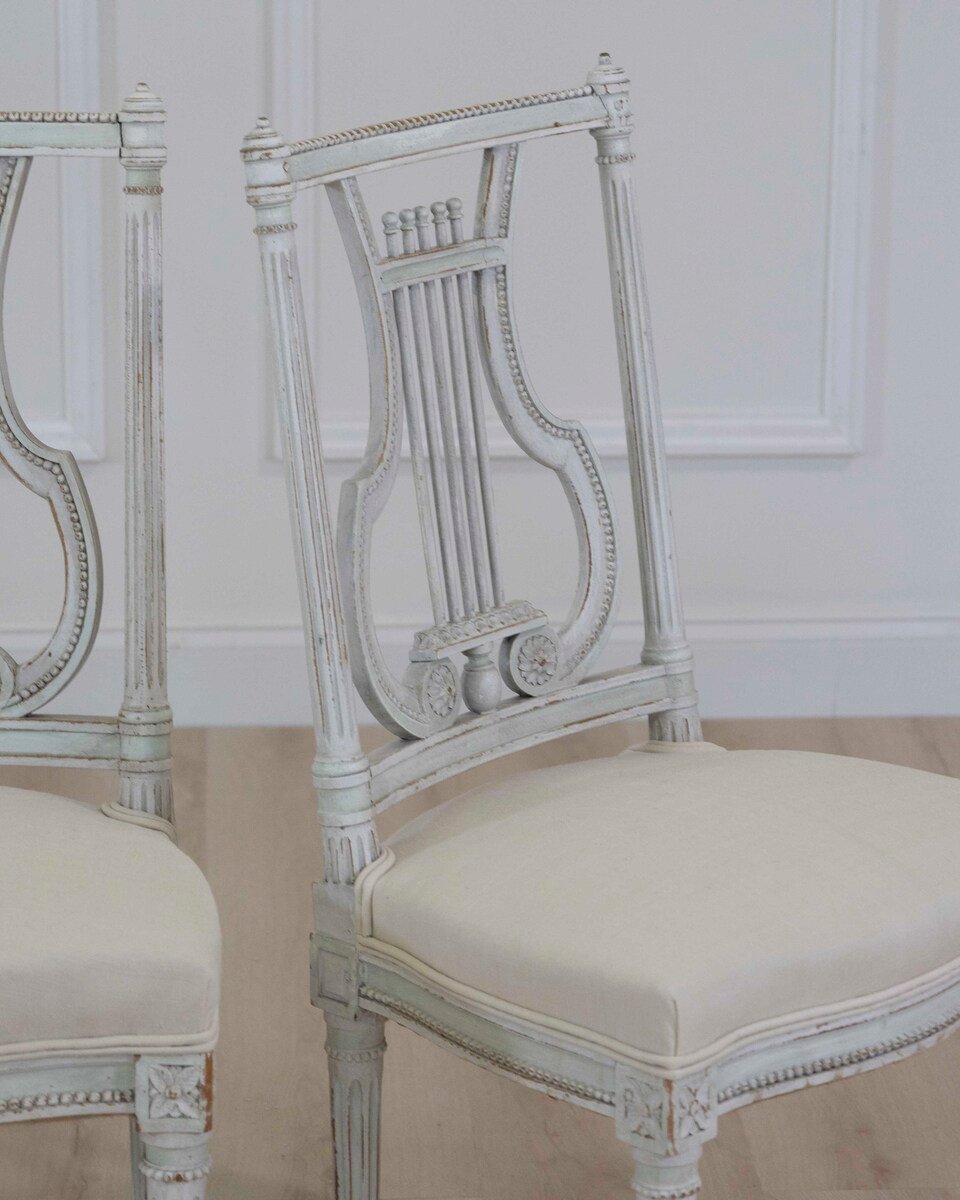 Pair of Antique French Neoclassical Painted Chairs in Antique Linen - JAA