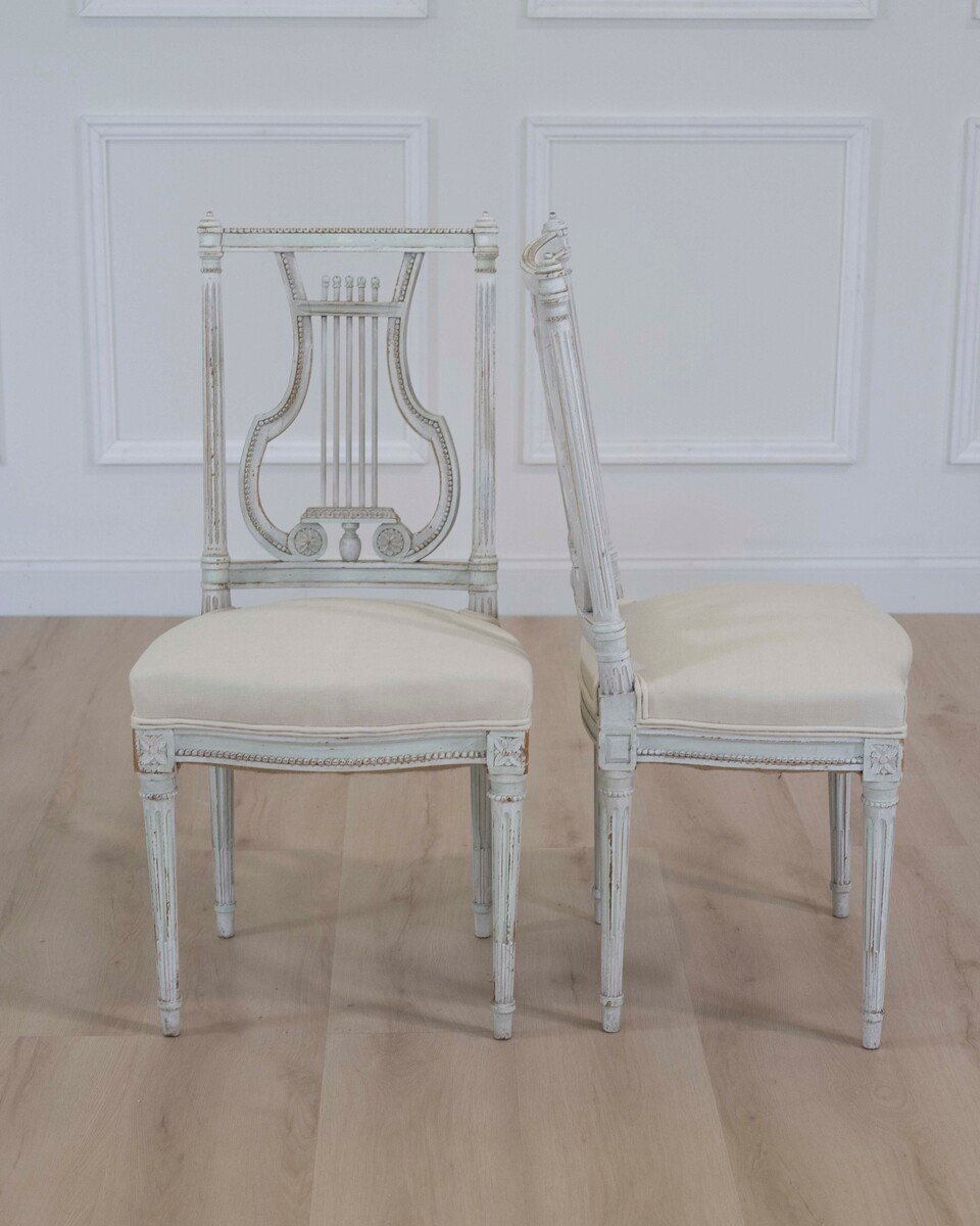 Pair of Antique French Neoclassical Painted Chairs in Antique Linen - JAA