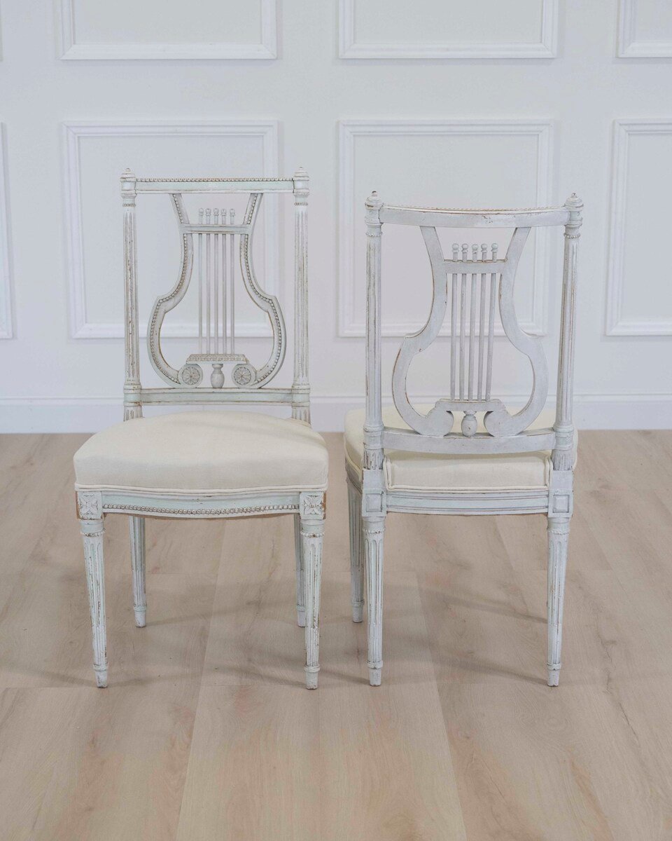 Pair of Antique French Neoclassical Painted Chairs in Antique Linen - JAA