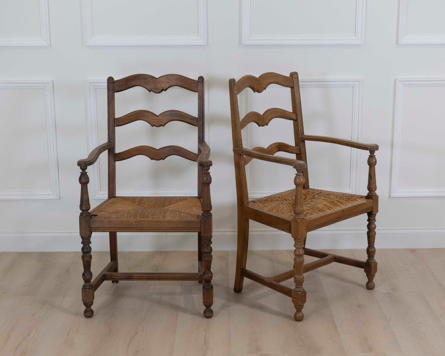 Pair of Antique Rustic Armchairs in Wood and Woven Straw. - JAA