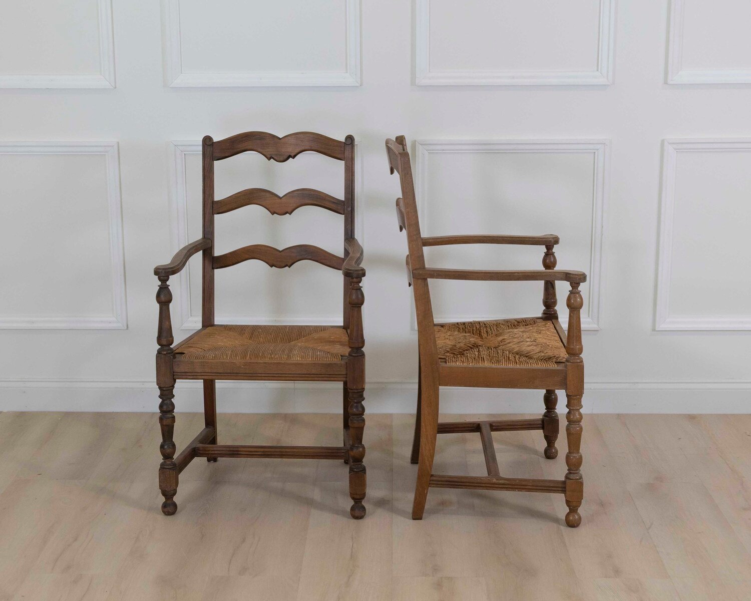 Pair of Antique Rustic Armchairs in Wood and Woven Straw. - JAA