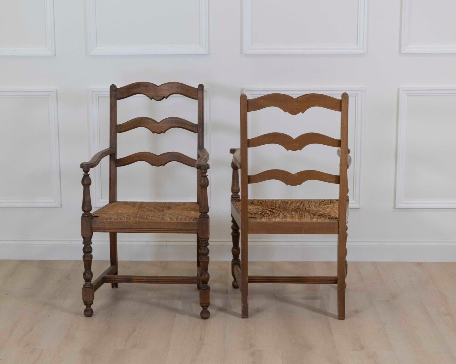 Pair of Antique Rustic Armchairs in Wood and Woven Straw. - JAA