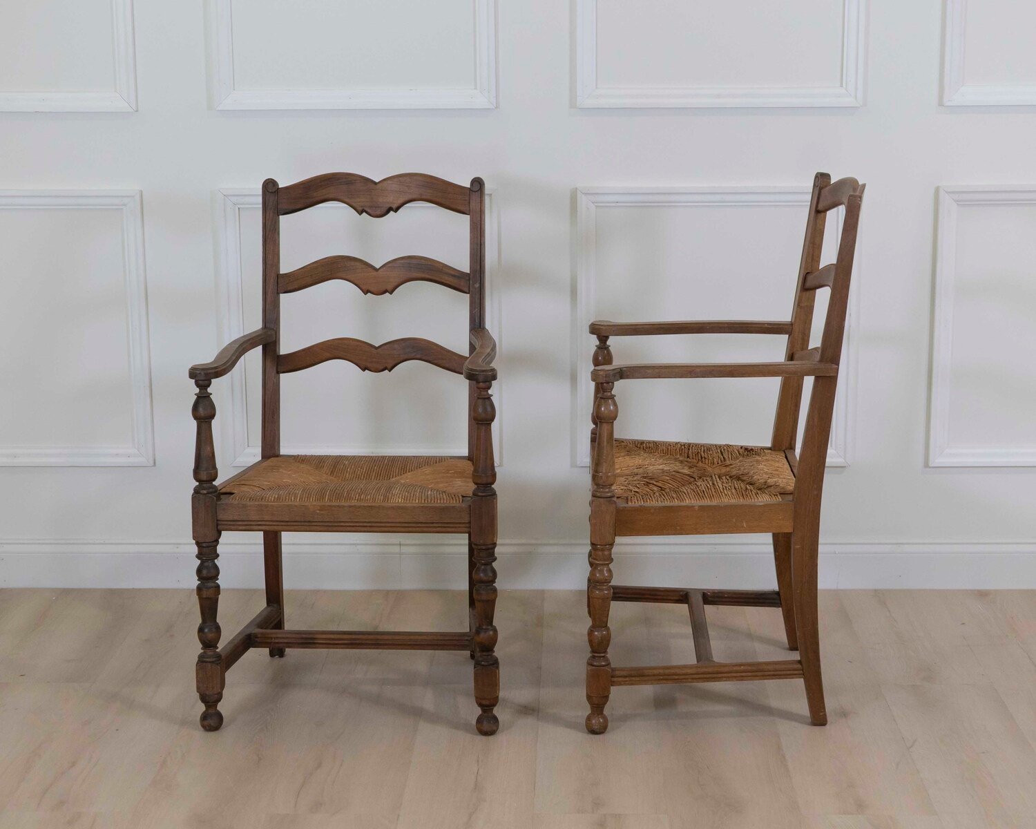 Pair of Antique Rustic Armchairs in Wood and Woven Straw. - JAA