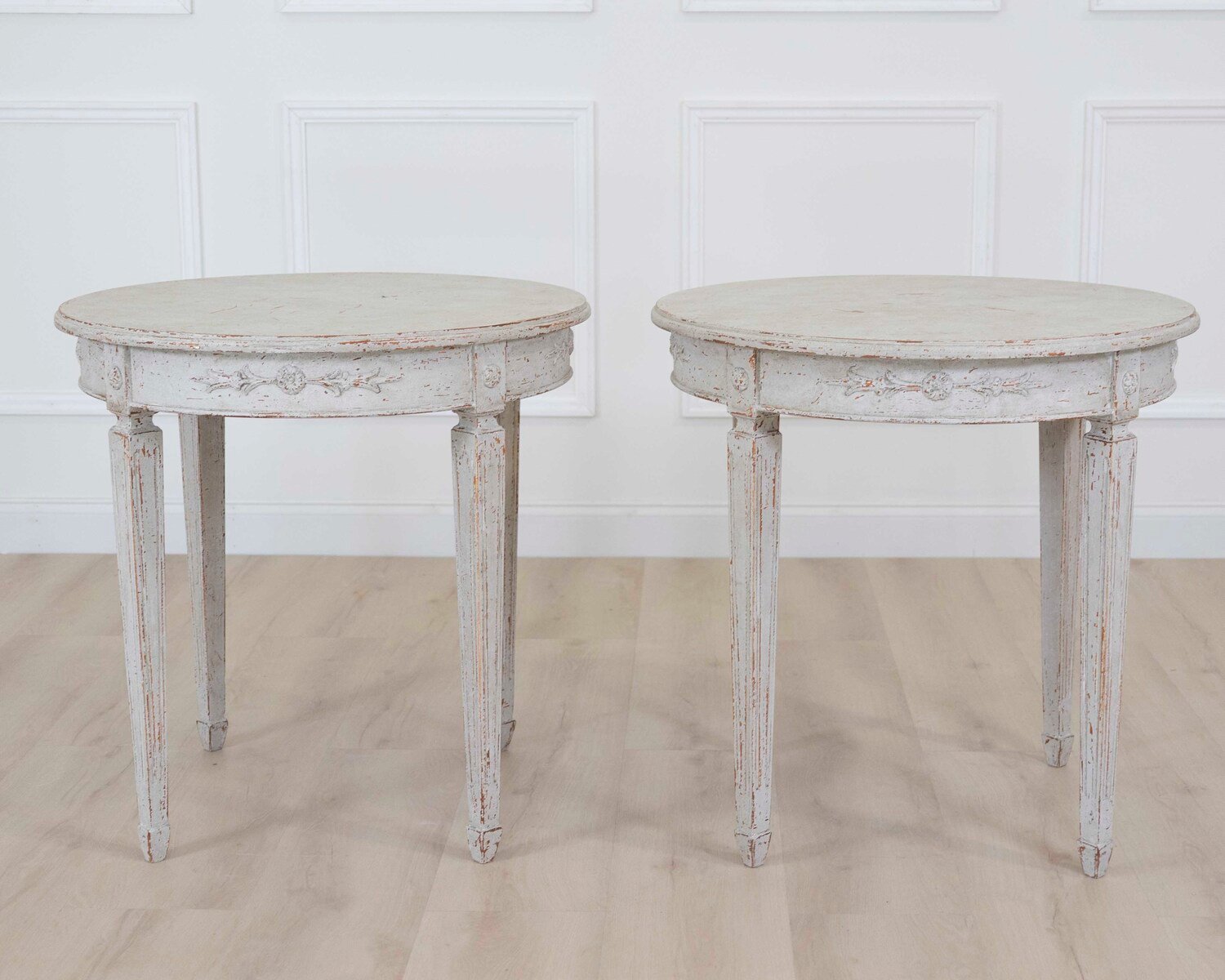 Pair of Swedish 20th Century Carved Round Tables - JAA