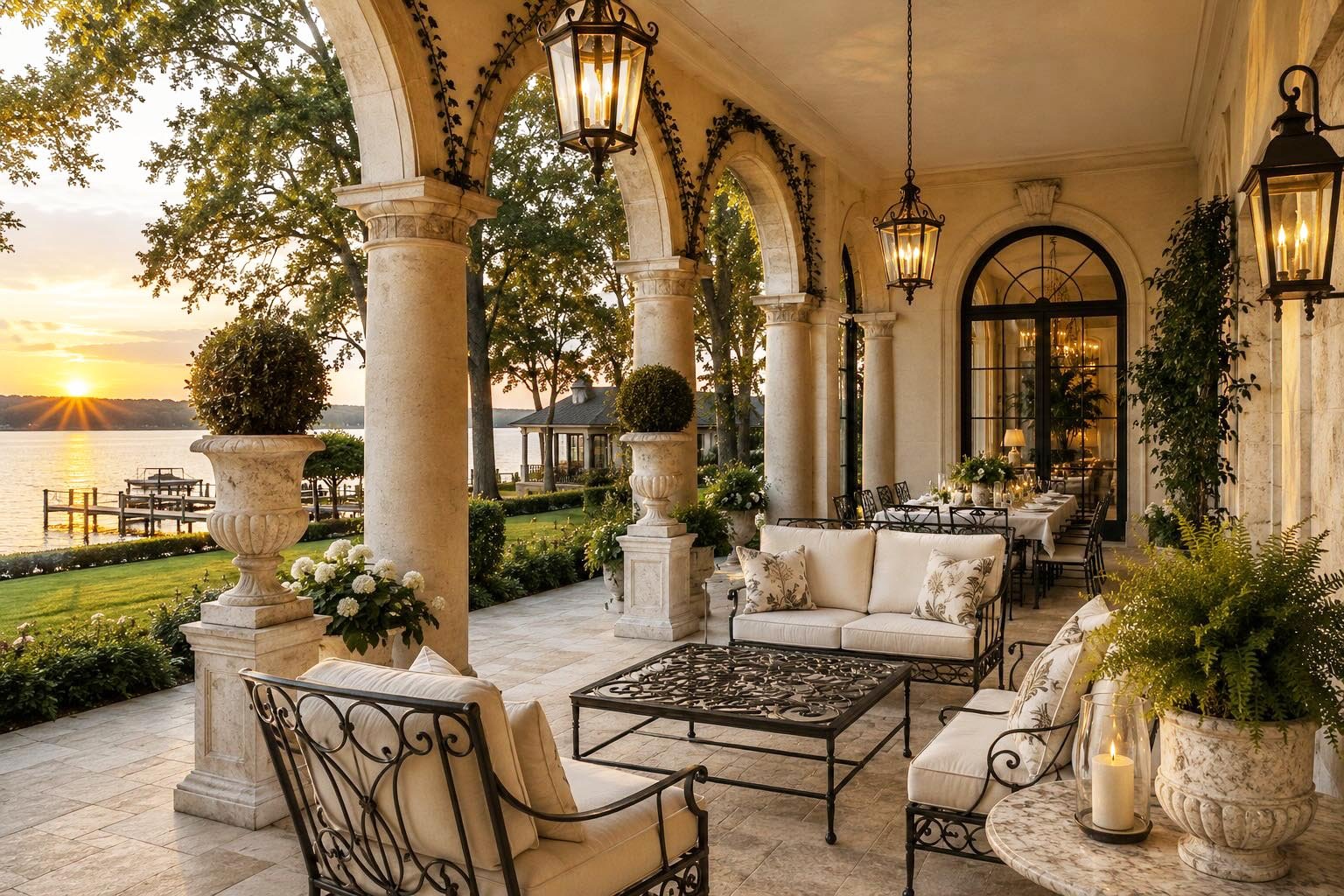 Antique stone urns, iron garden furniture, and lanterns on a covered lakefront veranda at sunset on Lake Oconee