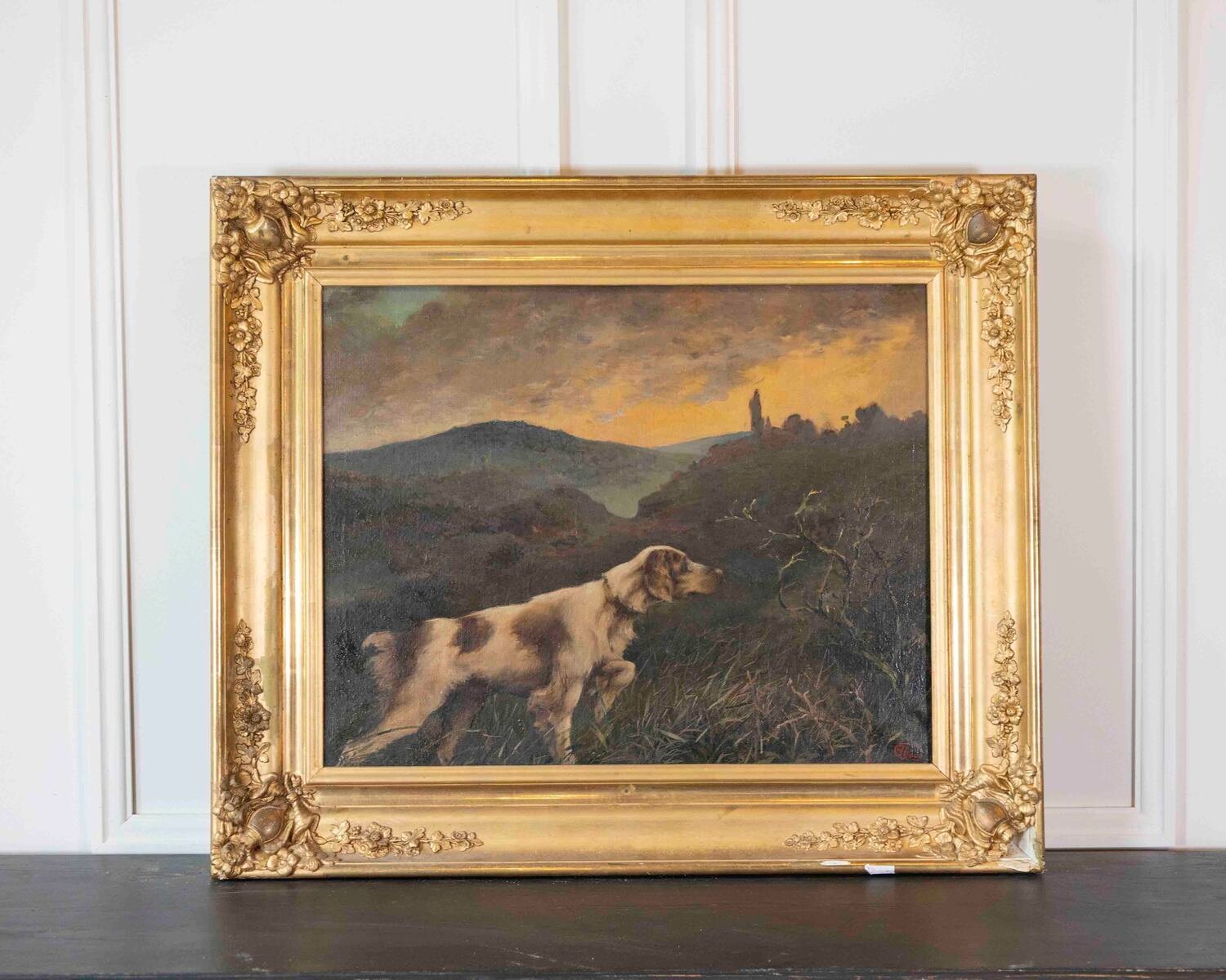 Oil on canvas – Pointing Dog in a Landscape – French School, 19th century. - JAA