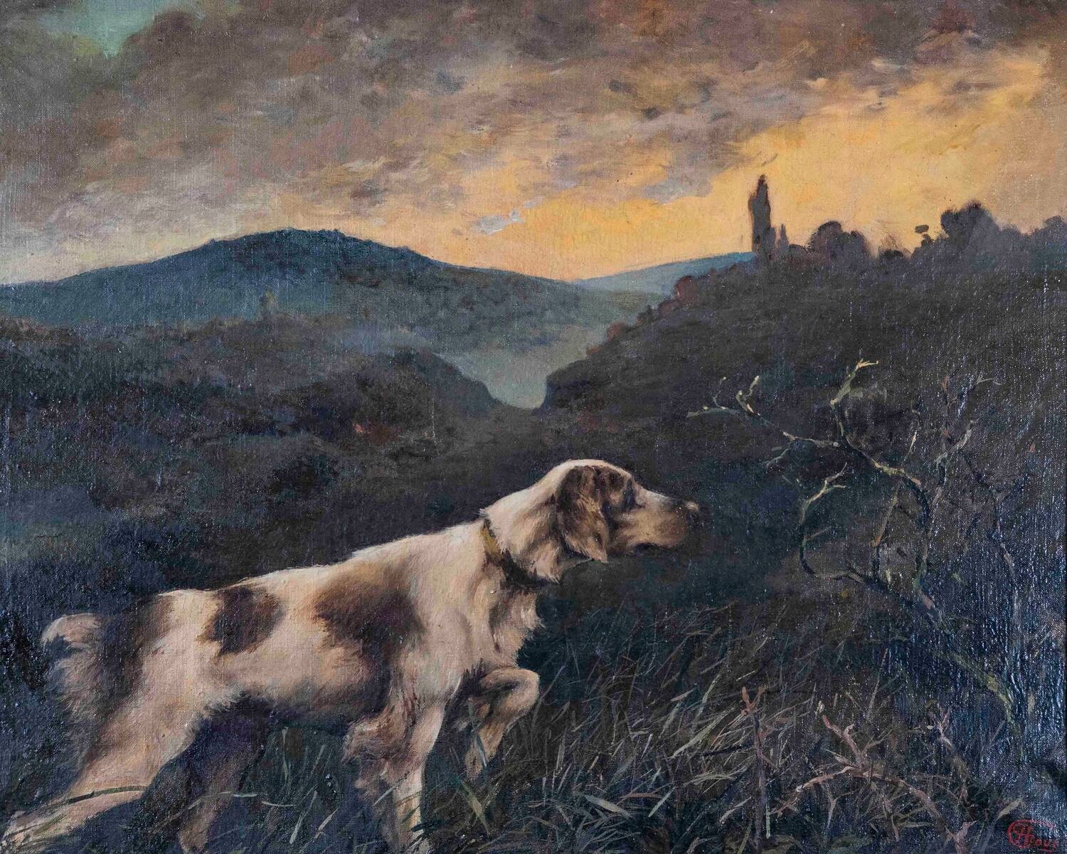 Oil on canvas – Pointing Dog in a Landscape – French School, 19th century. - JAA