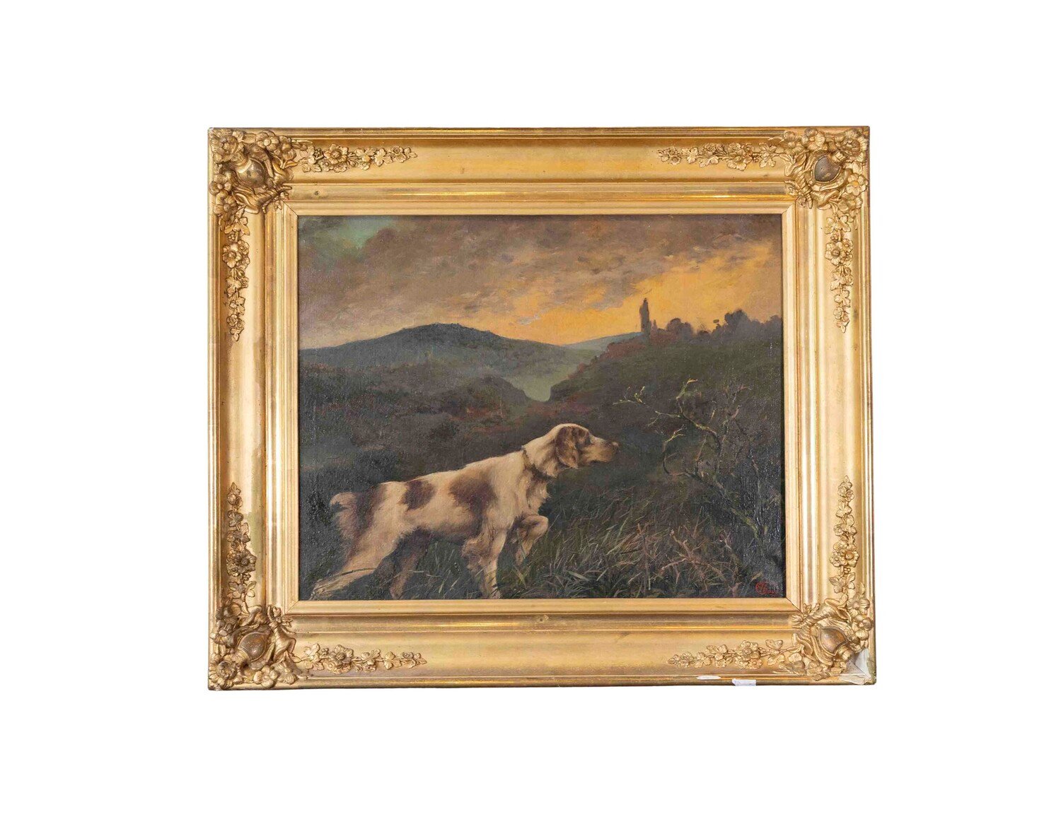 Oil on canvas – Pointing Dog in a Landscape – French School, 19th century. - JAA