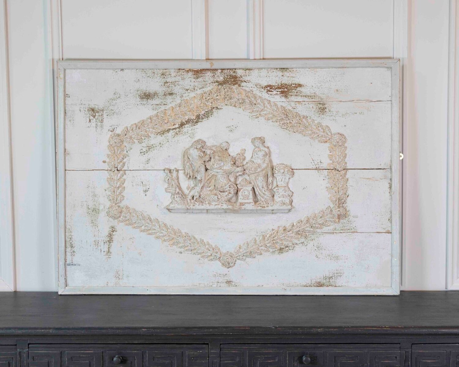 Antique French Neoclassical Painted Wooden Panel with Figural Relief - JAA