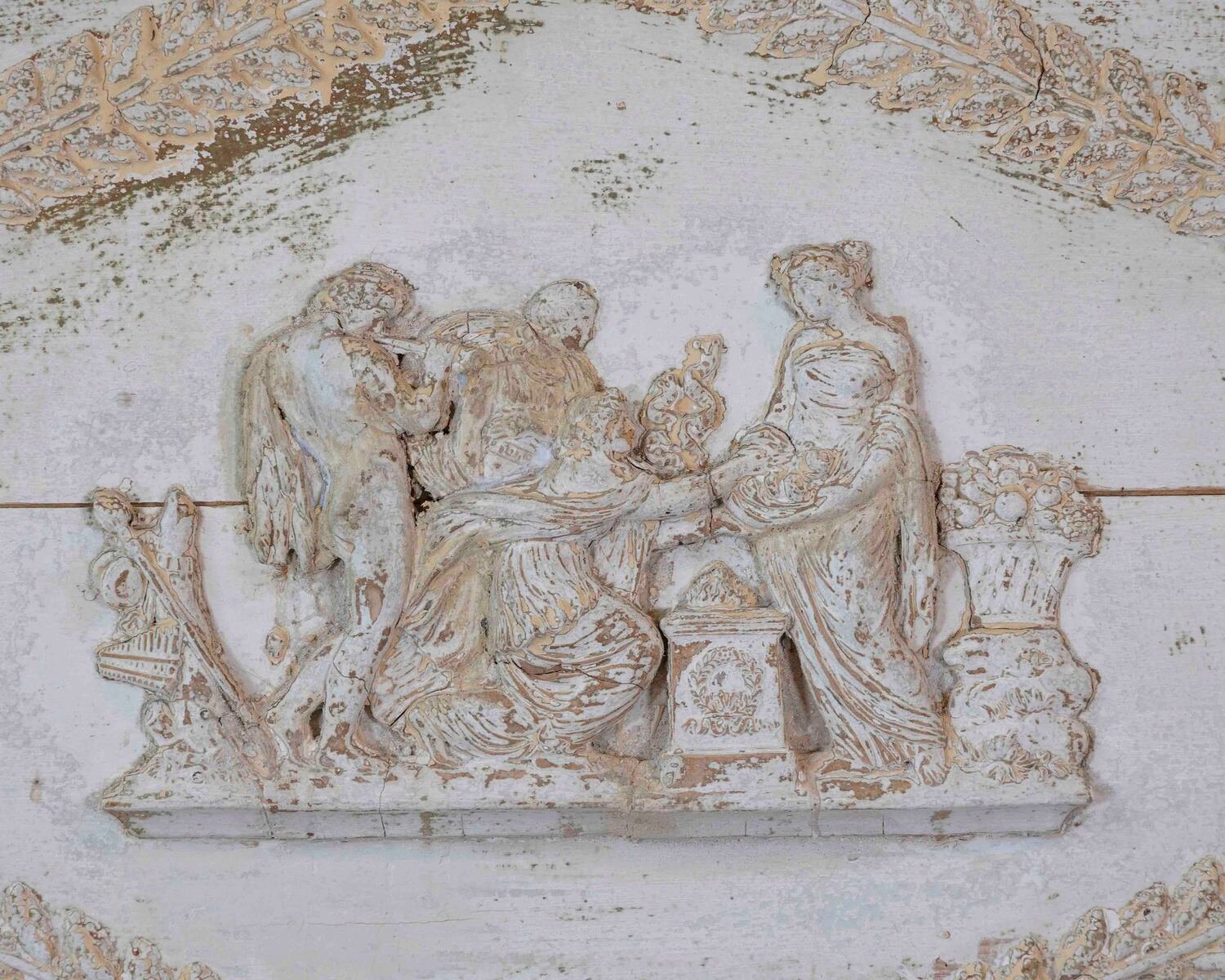 Antique French Neoclassical Painted Wooden Panel with Figural Relief - JAA