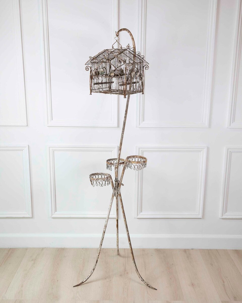 Charming French Birdcage Plant Stand with Original Paint - JAA