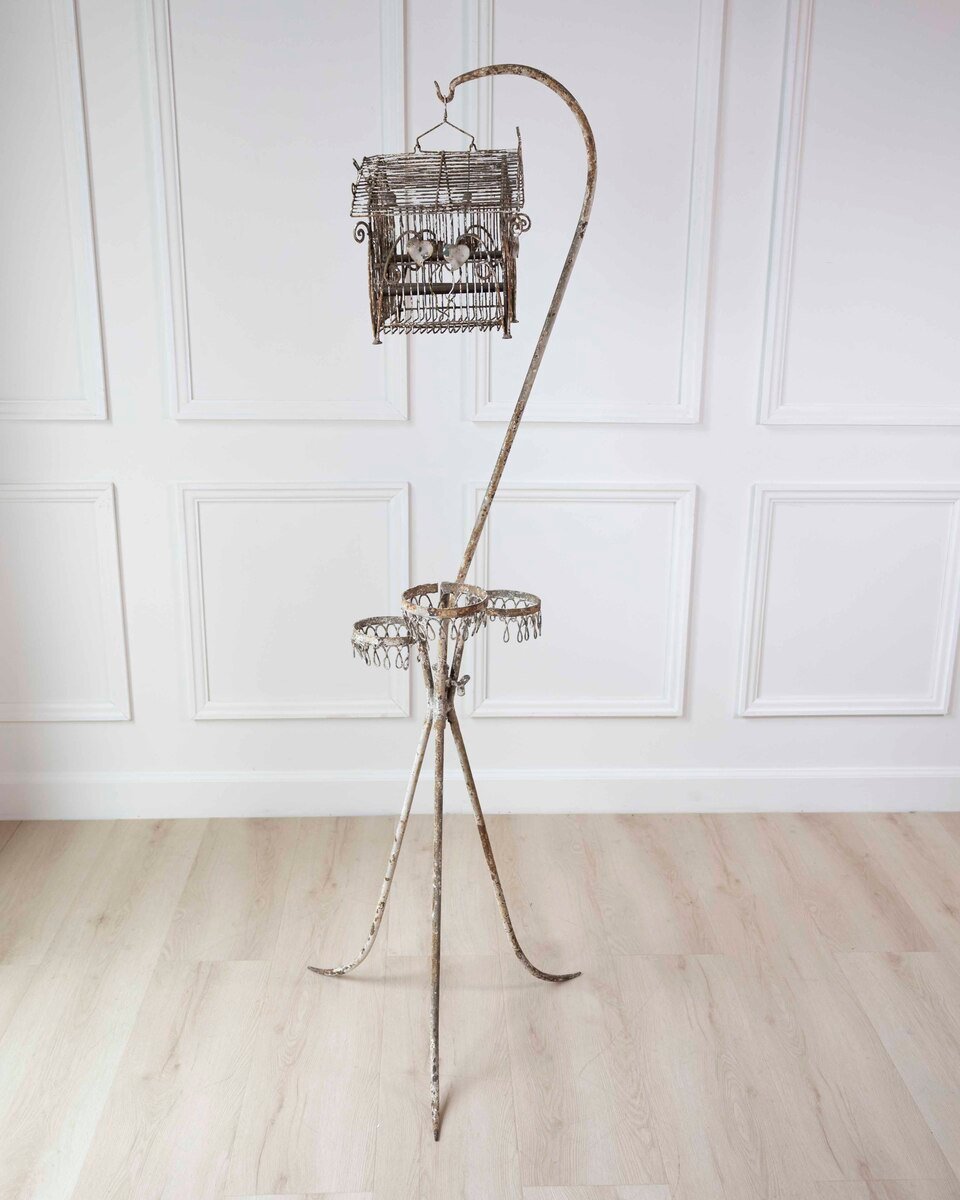 Charming French Birdcage Plant Stand with Original Paint - JAA