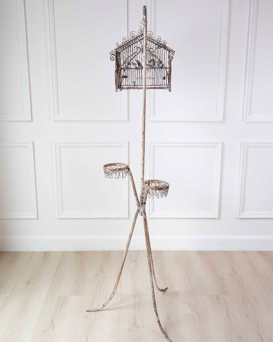 Charming French Birdcage Plant Stand with Original Paint - JAA