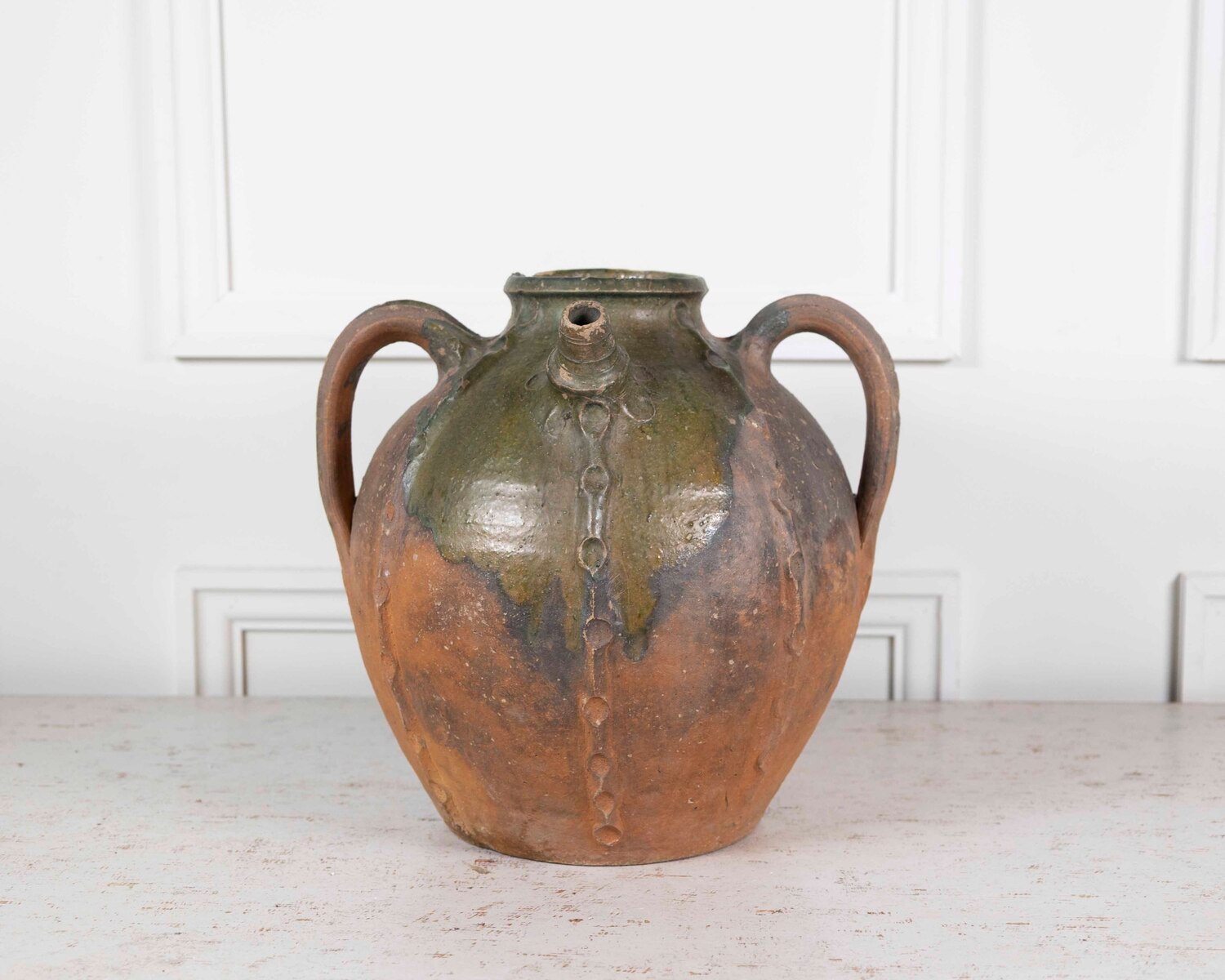 French 18th Century Unglazed Earthenware Oil Pot with Green Splash Glaze - JAA