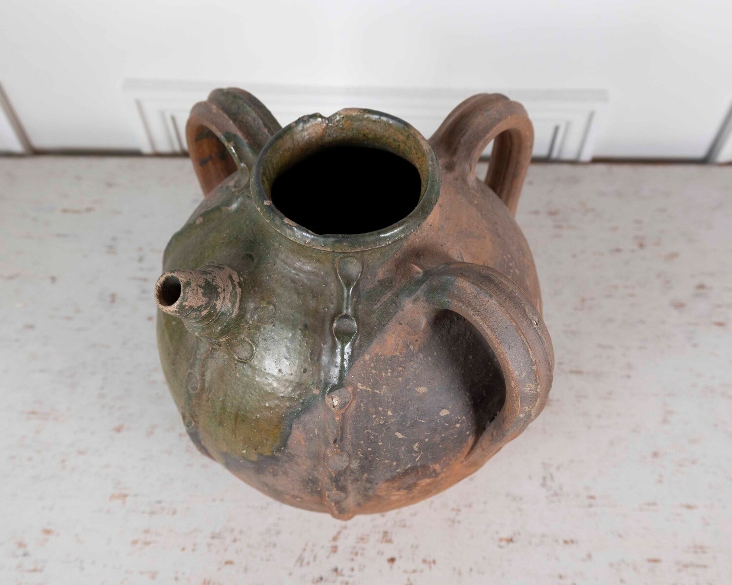 French 18th Century Unglazed Earthenware Oil Pot with Green Splash Glaze - JAA