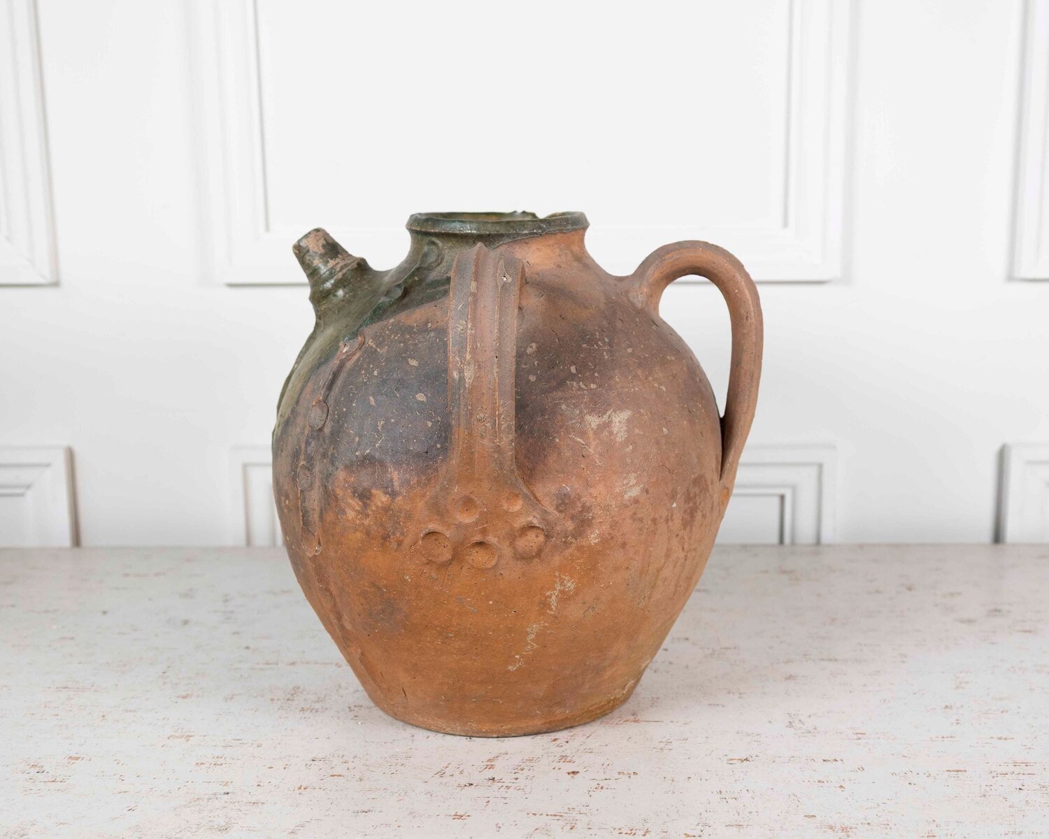 French 18th Century Unglazed Earthenware Oil Pot with Green Splash Glaze - JAA
