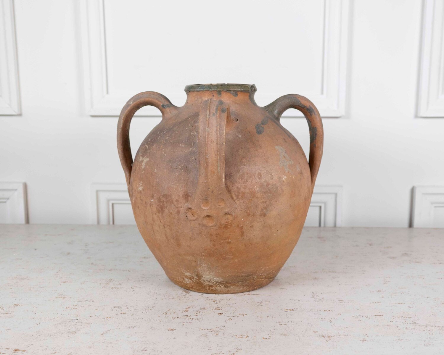 French 18th Century Unglazed Earthenware Oil Pot with Green Splash Glaze - JAA