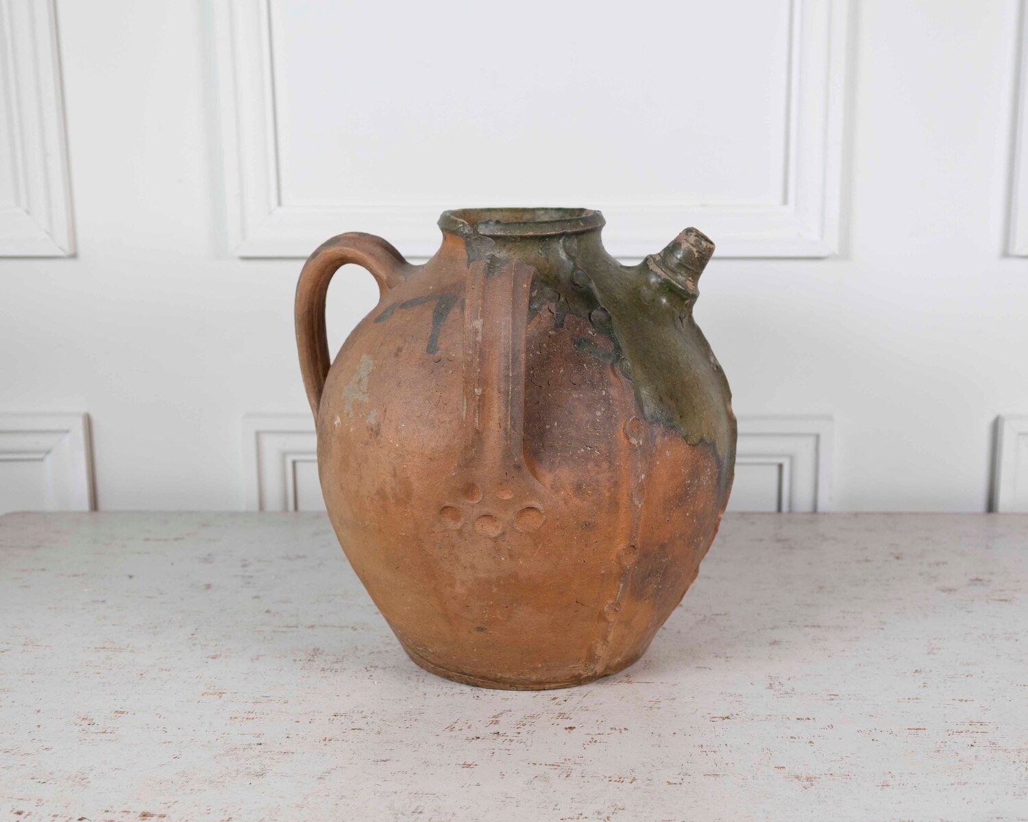 French 18th Century Unglazed Earthenware Oil Pot with Green Splash Glaze - JAA