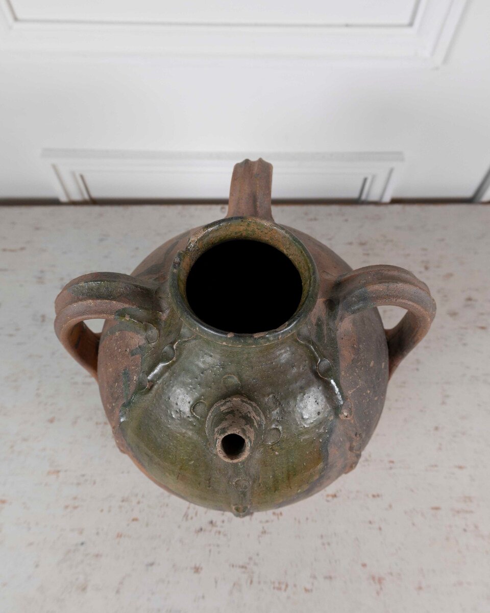French 18th Century Unglazed Earthenware Oil Pot with Green Splash Glaze - JAA