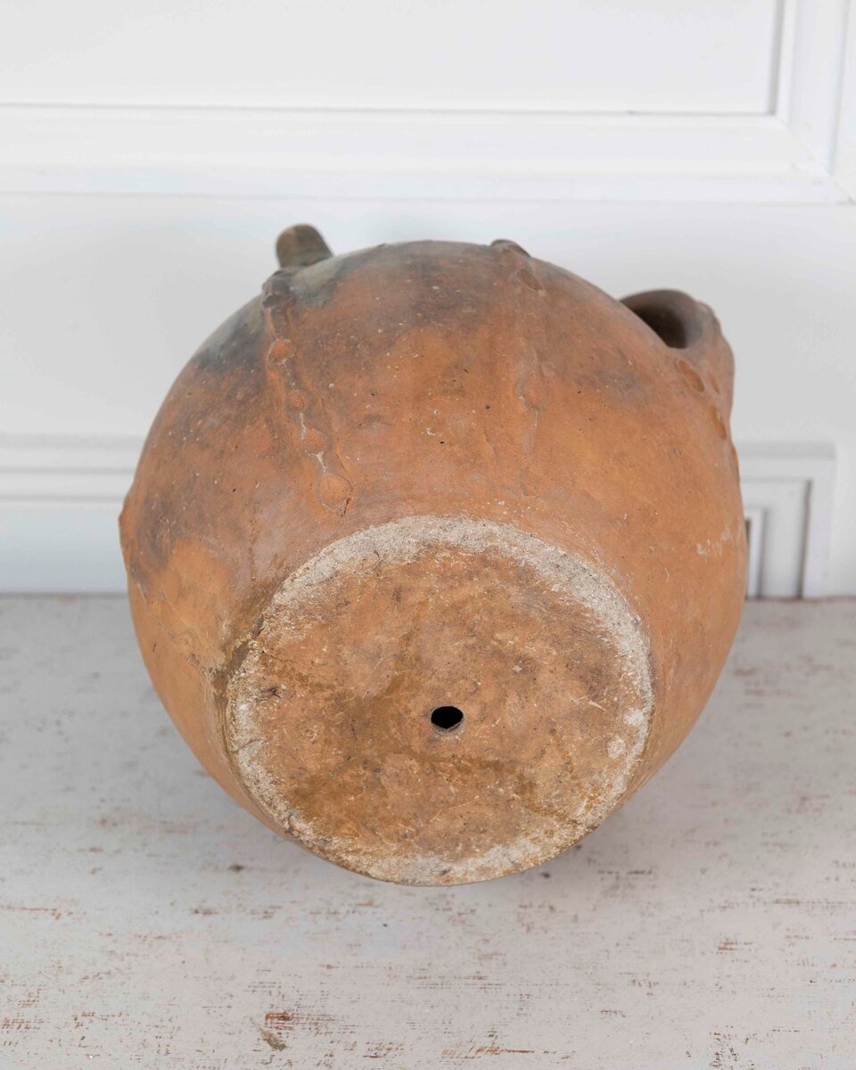 French 18th Century Unglazed Earthenware Oil Pot with Green Splash Glaze - JAA