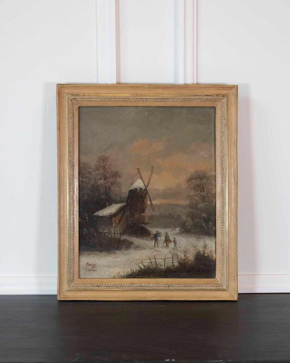 Henry Chenu, Winter Landscape with Windmill, Oil on Panel - JAA