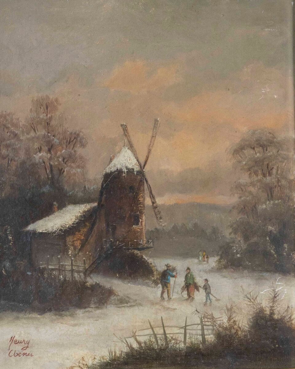 Henry Chenu, Winter Landscape with Windmill, Oil on Panel - JAA