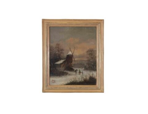 Henry Chenu, Winter Landscape with Windmill, Oil on Panel