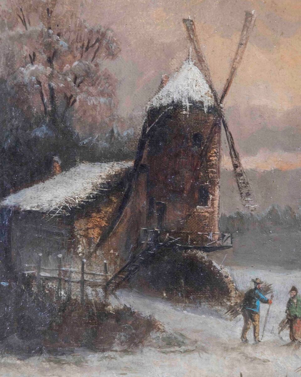 Henry Chenu, Winter Landscape with Windmill, Oil on Panel - JAA