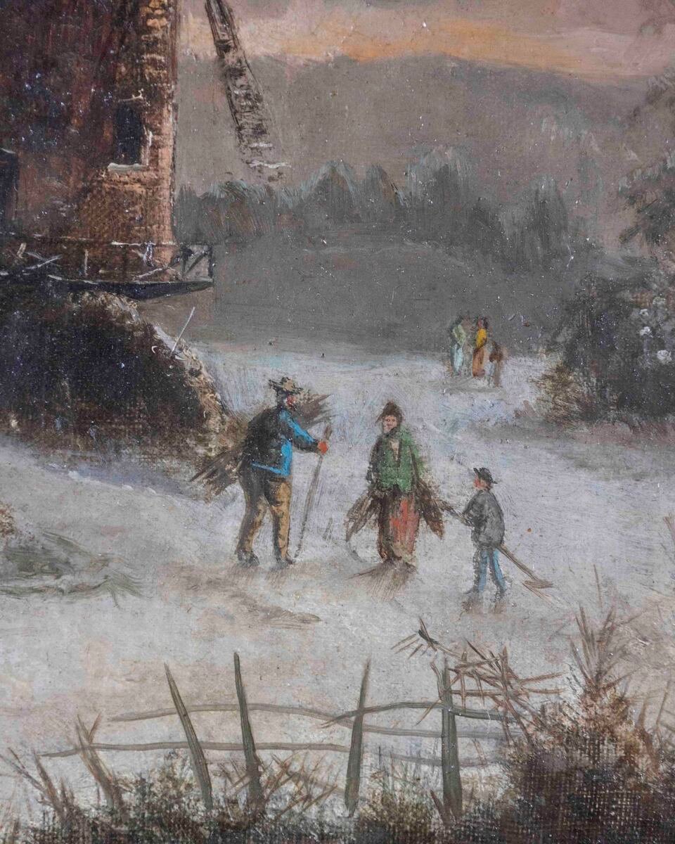 Henry Chenu, Winter Landscape with Windmill, Oil on Panel - JAA