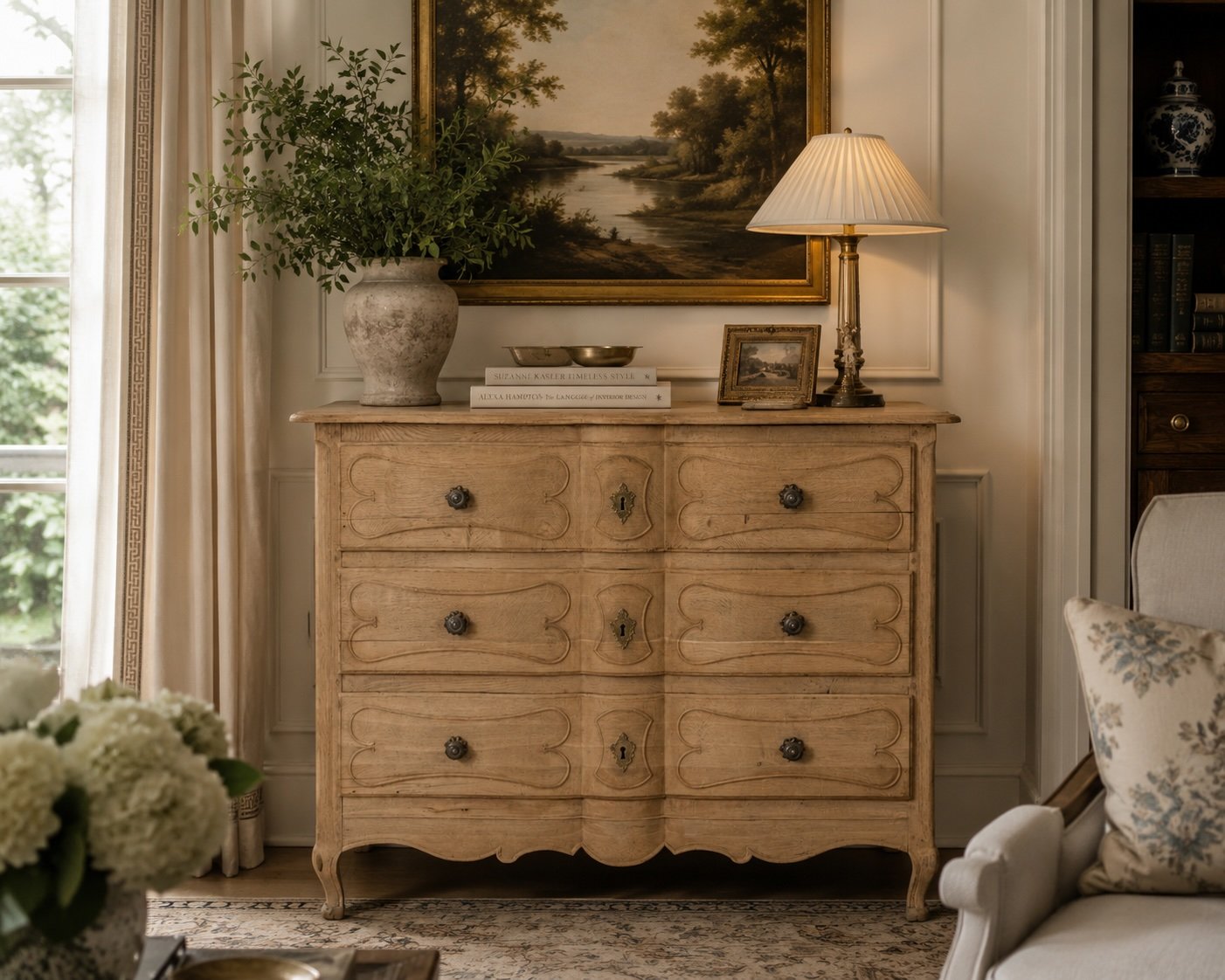 Antique bleached oak buffet with lamp and landscape painting - Lake Country Lookbook