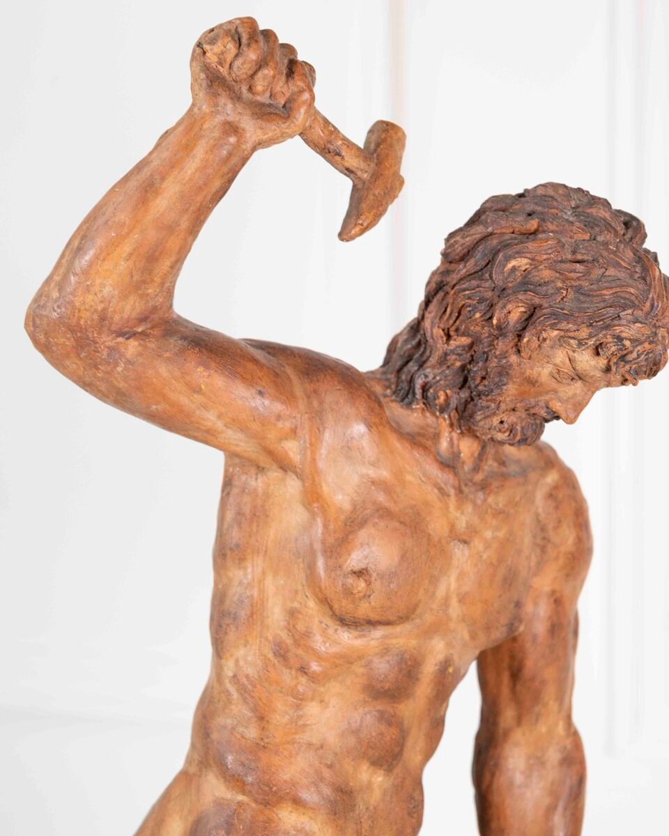 19th Century Italian Terracotta Statuette of Vulcan Forging a Dagger on an Anvil - JAA