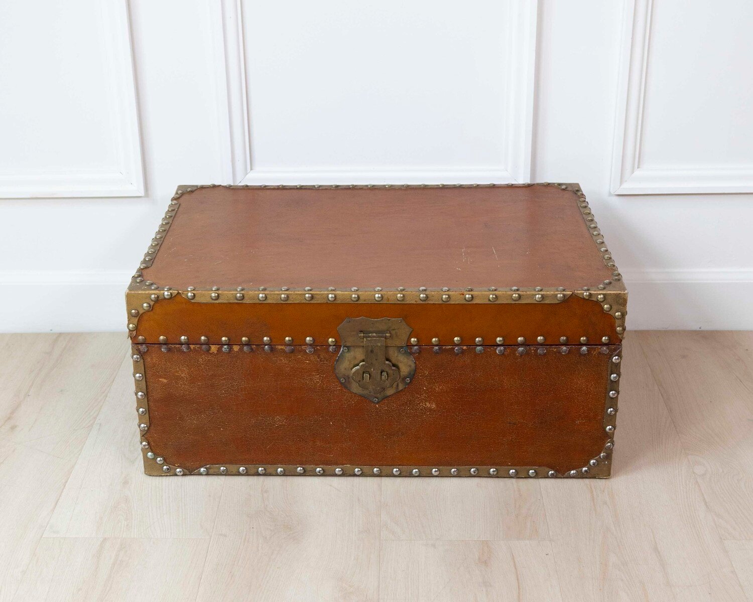 French 19th Century Leather-Lined Trunk with Brass Studs - JAA