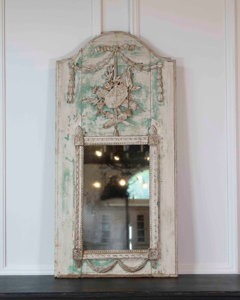 French 18th Century Louis XVI Carved Trumeau Mirror with Warrior Attributes - JAA