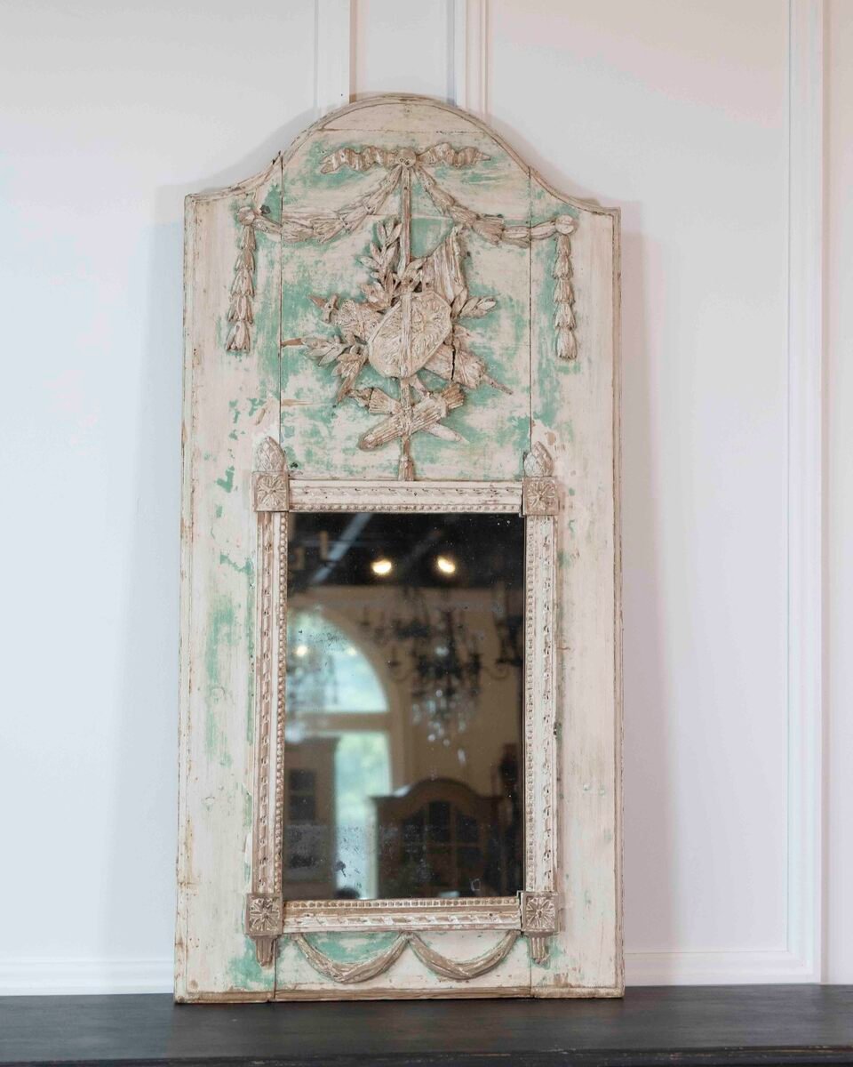 French 18th Century Louis XVI Carved Trumeau Mirror with Warrior Attributes - JAA