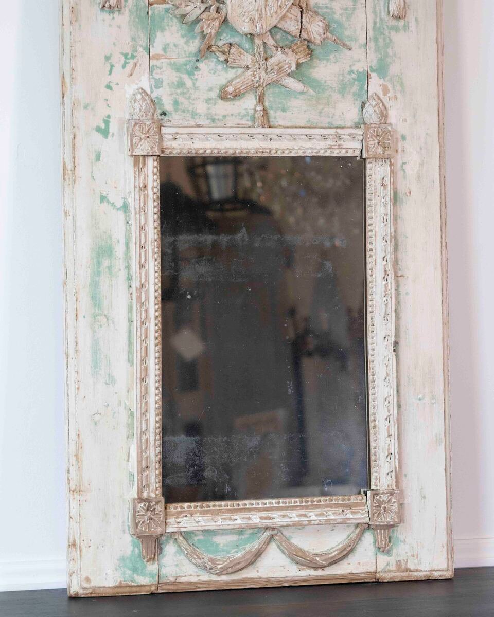 French 18th Century Louis XVI Carved Trumeau Mirror with Warrior Attributes - JAA