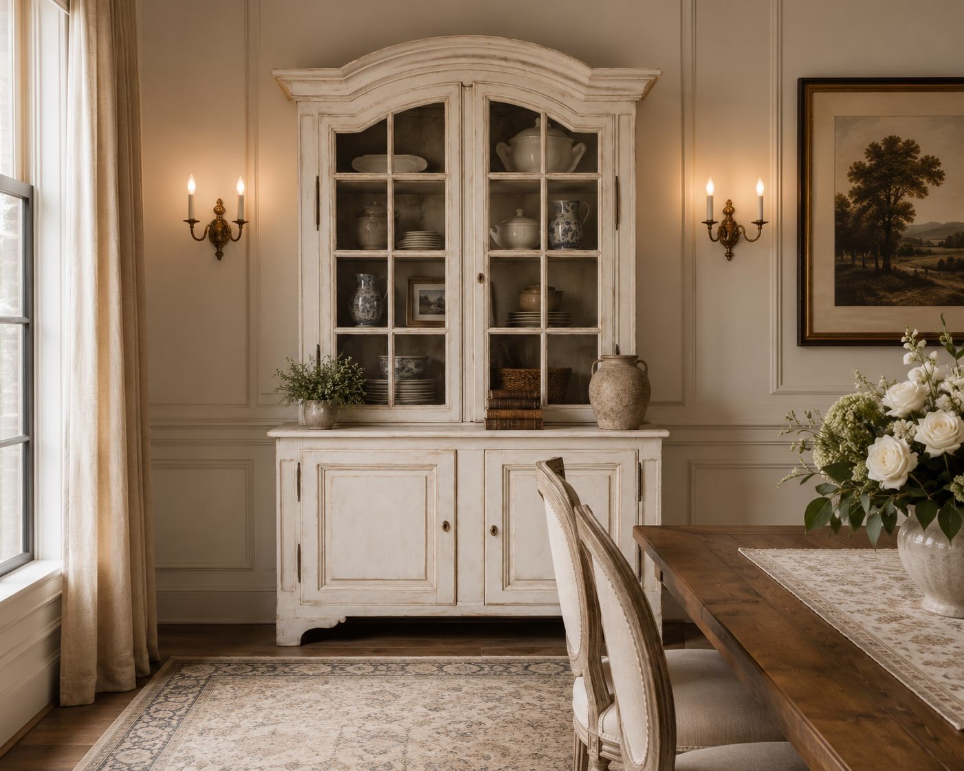 Antique vitrine display cabinet in a Southern dining room - Lake Country Lookbook