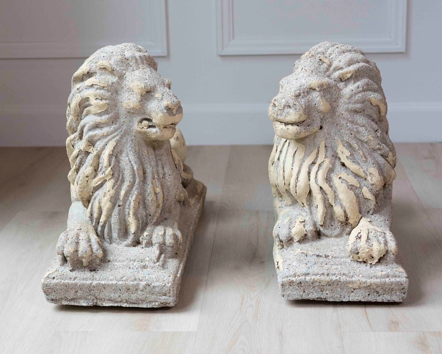English 20th Century Pair of Composition Reclining Lion Sculptures with Patina - JAA
