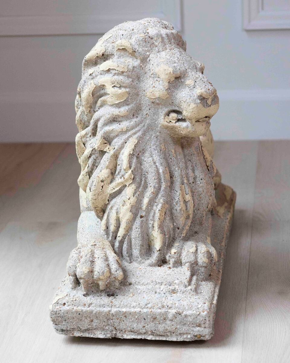 English 20th Century Pair of Composition Reclining Lion Sculptures with Patina - JAA