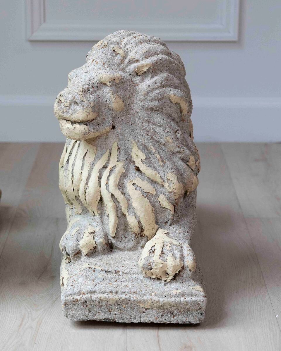 English 20th Century Pair of Composition Reclining Lion Sculptures with Patina - JAA