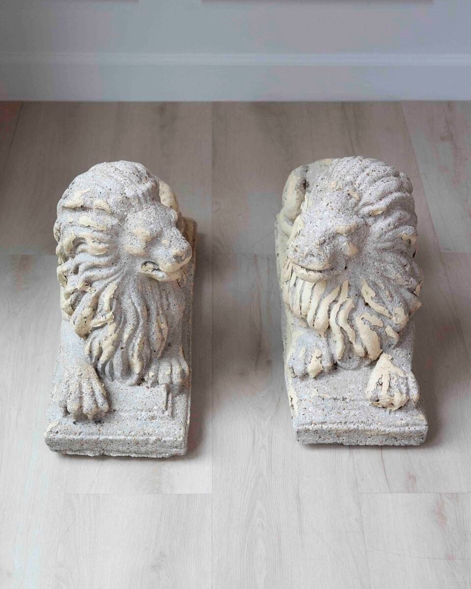 English 20th Century Pair of Composition Reclining Lion Sculptures with Patina - JAA