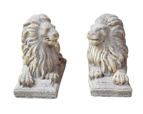 English 20th Century Pair of Composition Reclining Lion Sculptures with Patina