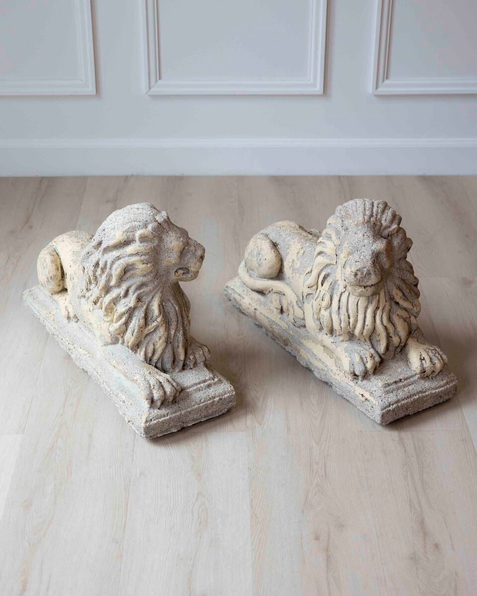 English 20th Century Pair of Composition Reclining Lion Sculptures with Patina - JAA